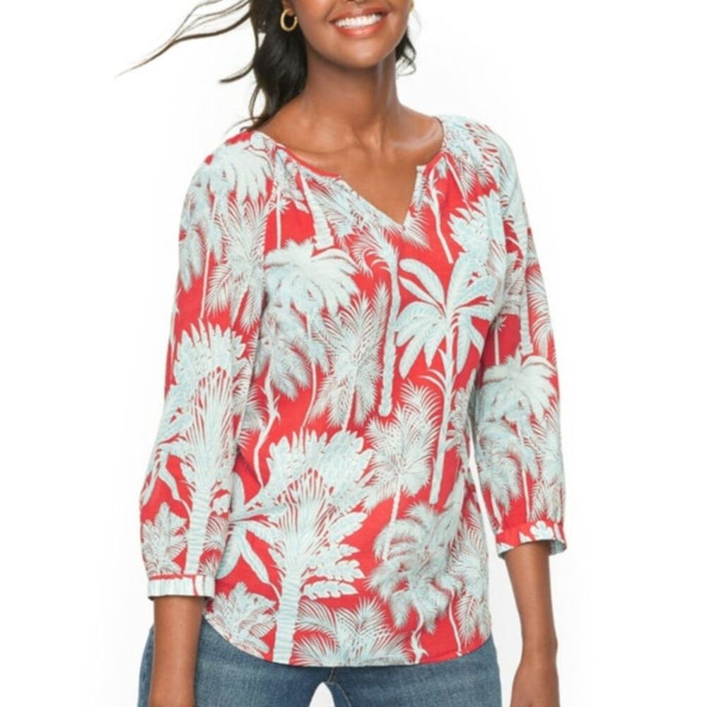 Talbots Tropical Palm Print Red Blue Cotton 3/4 Sleeve Relaxed Top Blouse XL